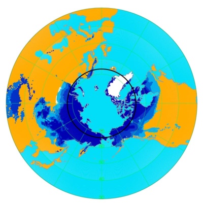 図1：北緯30度以北・北半球の永久凍土帯分布。色が薄くなるに従い、実際に永久凍土のある場所は連続的から点在的になる。国際永久凍土学会が公開しているデータを基に著者が作製