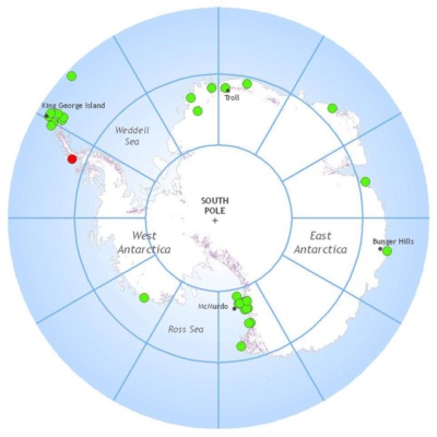 図2：南緯60度以南・南極大陸の永久凍土分布。白色は南極氷床、水色は海洋で、陸地の色のついた部分に永久凍土が存在する。赤（10m以上）と緑（10m以内）の点は、測温孔のある地点を表す（https://ipa.arcticportal.org/products/gtn-p/ipa-permafrost-mapより）