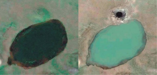 図6:第4クレーターの出現前後の衛星画像。(左)2009年8月1日、(右)2013年7月19日。ガス噴出クレーターに隣接する湖の色がダークブルーからターコイズブルーに変化している(Bogoyavlensky et al., 2016)