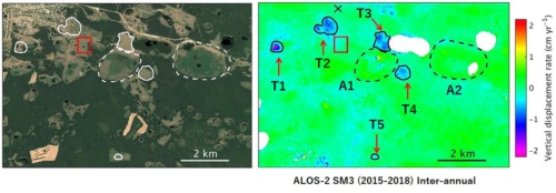 図2：左：マイヤ周辺における光学衛星画像。右：ALOS-2による2015年から2018年の平均鉛直変位速度分布図（単位はセンチメートル／年）。負の値が沈降を示す。T1～T5はサーモカルストによる沈降と考えられる場所。A1、A2はアラスの場所。赤枠は現地測量場所を示す（出典：<a href="https://earth-planets-space.springeropen.com/articles/10.1186/s40623-020-01266-3" target="_blank">https://earth-planets-space.springeropen.com/articles/10.1186/s40623-020-01266-3</a>）