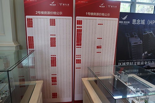 「瀚海思念城」の住宅展示場では3割程度の物件に販売済みを示す赤い印がつけられていた