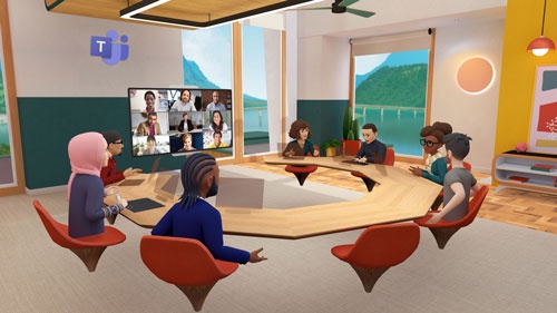 マイクロソフトチームズとクエストのコラボレーションの例。写真奥にチームズのオンライン会議の場面が見える(資料:メタ)