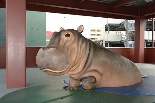 球場には子ども達に大人気のカバの置物がある