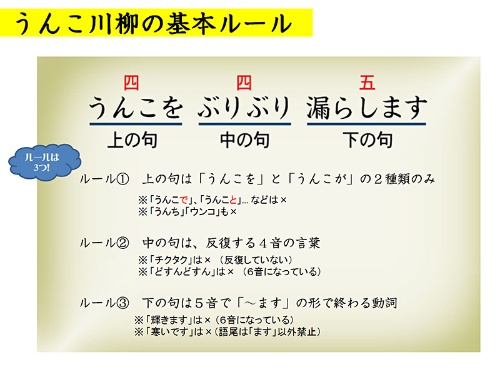 「うんこ川柳」には基本ルールがある。（出所：<a href="http://yusakufuruya.com/?p=unko_senryu" target="_blank">「うんこ川柳」古屋雄作ホームページ</a>