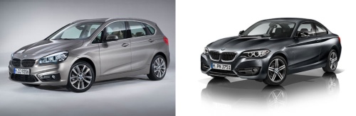 左：BMW 2シリーズアクティブツアラー（FFレイアウト）<br/ >右：BMW 2シリーズクーペ（FRレイアウト）