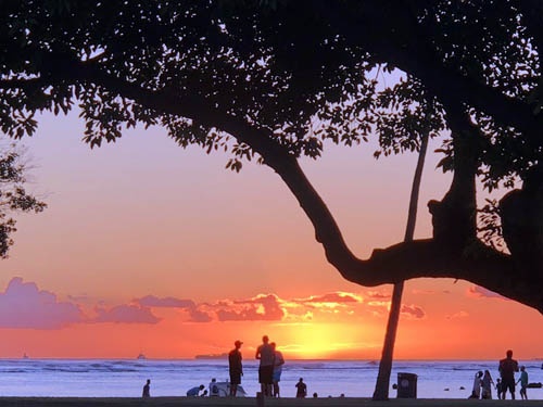夕暮れのアラモアナ・ビーチパーク。練習嫌いの私でも、こんな景色なら少しは走る気になろうというものです。