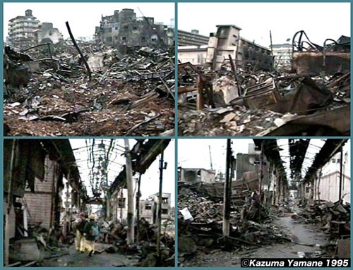 1995年1月17日、午前5時46分に発生した兵庫県南部地震では神戸市全市で175件、長田区だけでも27件の火災が発生、全市で81万9108平方m（約25万坪）、長田区だけでも52万3546平方m（約16万坪）が焼損。全市で全焼・半焼は7000棟超、長田区で4800棟以上にのぼった。(写真3点とも8ミリビデオ映像からのキャプチャ、撮影・山根一眞)