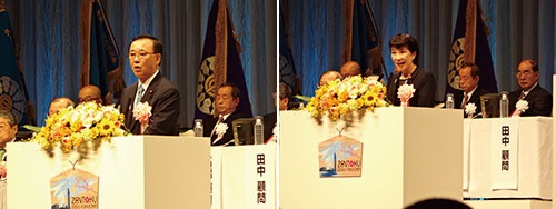 全特総会には谷垣禎一幹事長（左）や高市早苗総務相ら自民党幹部が出席した