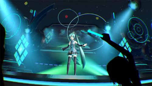 「初音ミク」のVRコンテンツ。実際には上下左右、360度に画面が続き、見渡すことができる