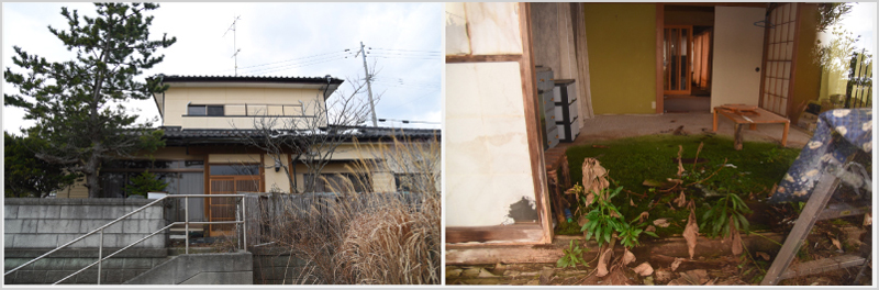 福島県双葉郡富岡町小浜、旧開陽亭の隣に建つ一軒家。震災後無人で、室内には草が生えている