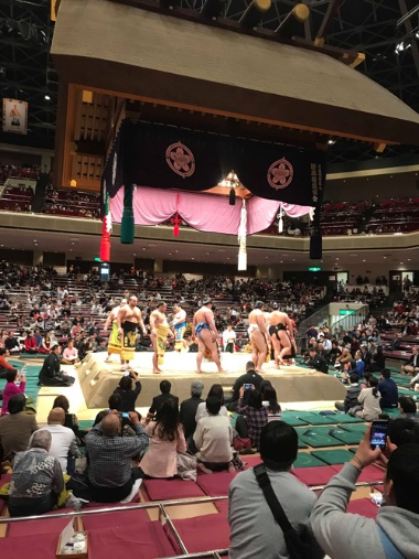 取り組み前の、集中した力士たち。艶やかな化粧廻しに見とれました