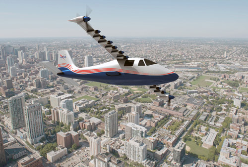 NASAの新しい実験航空機「X-57」（画像：NASA）。主翼に片側7基の電動モーターを装備している。