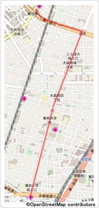 筆者は「あやめ橋上陸説」が有効と分析する（<a href="http://www.openstreetmap.org/copyright" target="_blank">License</a>）