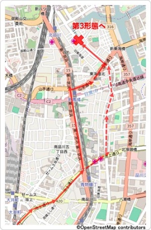 第三形態に進化する地点までのゴジラの経路は2パターン考えられる（<a href="http://www.openstreetmap.org/copyright" target="_blank">License</a>）