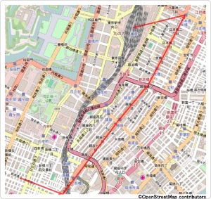 ゴジラは新橋、銀座を通って東京駅へと筆者は分析（<a href="http://www.openstreetmap.org/copyright" target="_blank">License</a>）