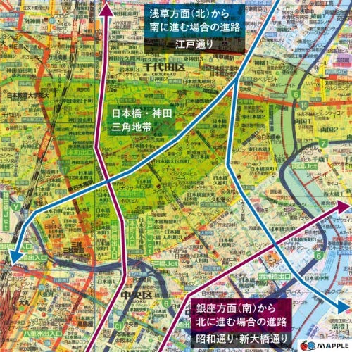日本橋・神田エリアの「三角地帯」を中心に、黄色いエリア全域に影響が広がっている（背景地図に1.5万 『スーパーマップル 広域首都圏 道路地図』を使用）