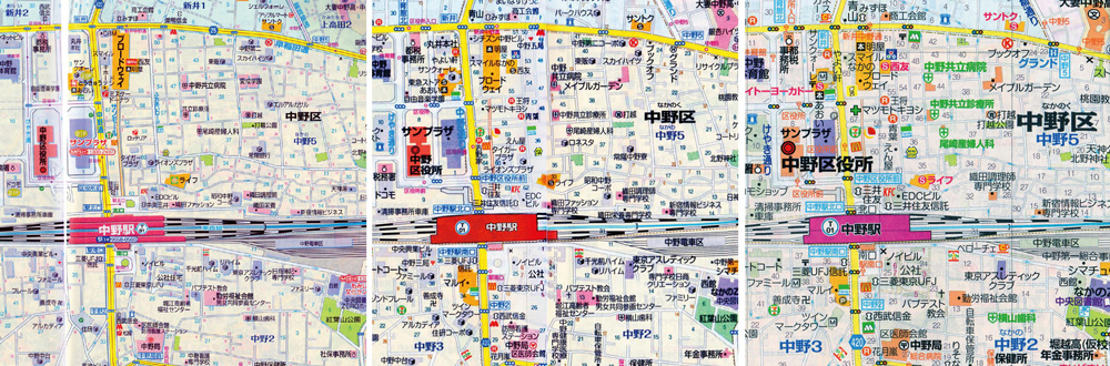 左から、『文庫判 東京 都市図』（2009年発売）、『文庫地図 東京』（2015年発売）　、そして今年発売の『ハンディマップル 東京 詳細便利地図』。最新版ではマンション名の表記が減っている一方、スーパーの名称（「イトーヨーカ堂」「ライフ」など）が目立つ表記になっている