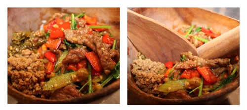 「小炒黄牛肉擂飯」には、青唐辛子と牛肉をはじめ、パプリカ、パクチー、セロリ、隠し味として調味料に漬けていた唐辛子も刻んで入れている。スタッフがその場で、丁寧に混ぜてくれるのもうれしい演出だ