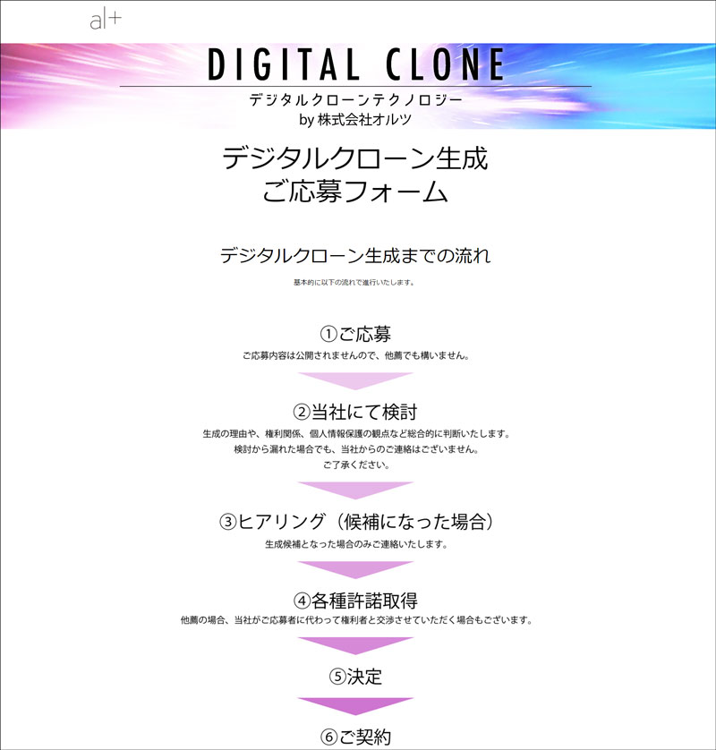 オルツのデジタルクローン応募フォーム