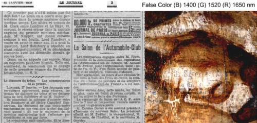 左:『ル・ジュルナル』紙(1902年1月18日号、3頁) Source gallica.bnf.fr / BnF<br /> 右:赤外線ハイパースペクトル擬似色彩による新聞紙の画像（反転画像） &copy;John Delaney, National Gallery of Art, Washington