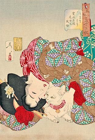 月岡芳年《風俗三十二相　うるささう　寛政年間　処女之風俗》（明治21年[1888年]）<br />美女の頭が下を向いた構図は実に気が利いており、猫を心底かわいがる感情がにじみ出ている