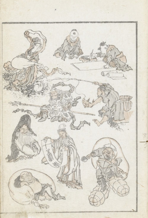 葛飾北斎『北斎漫画』初編より（1814［文化11］年、浦上蒼穹堂） 絵手本として多様なモチーフが載っている