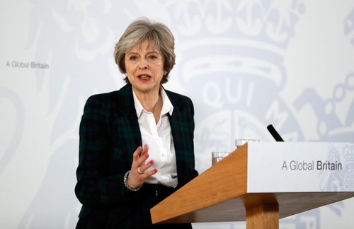 1月17日、テリーザ・メイ首相は、英国がEU単一市場から完全離脱する方針であることを明言した（写真：代表撮影/ロイター/アフロ）