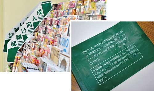 老若男女が訪れる場所で、成人向け雑誌が販売されている。堺市は表紙中央を覆うカバーを作成した（右）
