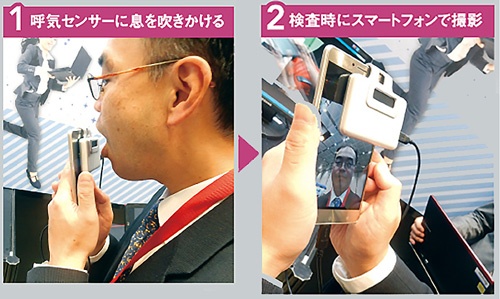 <span class="fontBold">1.従来の呼気アルコール検知器はマウスピースが必要で、息を吹きかける時間も長かった<br />2.呼気の解析後、スマホのカメラを用いた顔登録モー ドになる。なりすましを防止する</span>