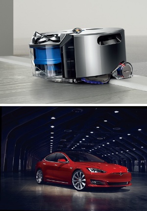 <b>英ダイソンのロボット掃除機は自ら進路を決め、電池で駆動する(上)。全自動運転が実用化されれば、ロボット掃除機とEVは要素技術がかなり重なる(下は米テスラ・モーターズの「モデルS」)</b>(写真提供=掃除機:ダイソン、EV:テスラ・モーターズ)