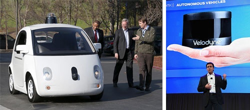 <b>米グーグルが試作した自動運転車。ルーフの上に米ベロダイン製のLiDARが搭載されている(左)。ベロダインのLiDARは年々、小型化と低コスト化が進んでいる(右)</b>(写真=左:Justin Sullivan/Getty Images、右:Ethan Miller/Getty Images)