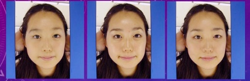 20代の女性での経年変化シミュレーション。中央が本物の写真で、左が10代のシミュレーション。右が検証のため、あえて同年代のシミュレーションをしてみた例。(提供:森島繁生)
