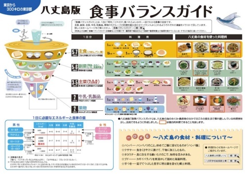 地域性を尊重してか、農林水産省は地域ごとの「食事バランスガイド」を紹介している。これは八丈島版の例。<br>（出典：関東農政局Webサイト <a href="http://www.maff.go.jp/kanto/syo_an/seikatsu/shokuiku/balance/pdf/25-3-koushin-bg-hachijyoujima.pdf" target="_blank">http://www.maff.go.jp/kanto/syo_an/seikatsu/shokuiku/balance/pdf/25-3-koushin-bg-hachijyoujima.pdf</a>のPDFファイルを画像化して掲載）