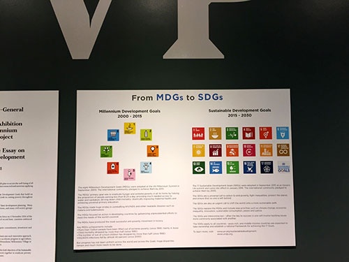 国連ビル1階ホールに掲示された「MDGs(ミレニアム開発目標)からSDGsへ」の移行を示すポスター。2000~2015年の目標だったMDGsは貧困対策など8つの目標を掲げていたが、SDGsの目標は環境や働きがいなどを含め17と大きく増えた