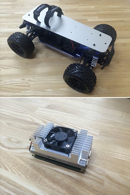 「AI TOY(アイトーイ)」での販売を予定している車両タイプの無人機(上)。AIを搭載するコンピューター(下)