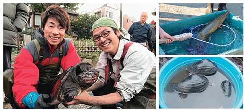 東京都内にある池の水を抜いたら巨大なスッポンが出現(左)。外来種のアリゲーターガー(右上)や在来種のヌマガイ(右下)など、想像もしなかったような珍しい生き物が池の底に潜んでいた ©テレビ東京