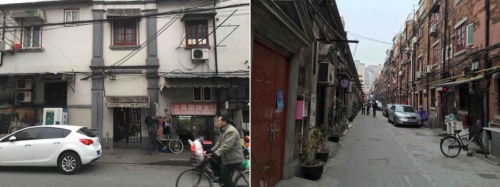 上海の一般的な住宅。通りに面してごく小さな入り口があり、その奥に住居が広がっている。通りからは奥にこれほどの広がりのあるスペースがあるとは想像できない（上海市内）