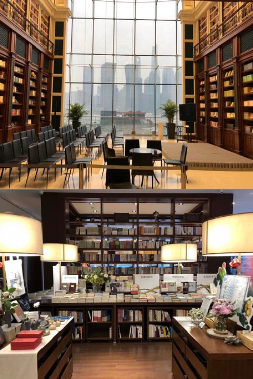 上海浦東の超高層ビル群を一望できる立地に建つ大型書店