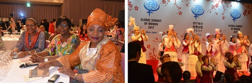 カメルーンからの参加者(左)<br />カザフスタンからは女性ビジネス協会のメンバーが来日。同国での万博開催をアピールするため民族衣装で舞踊を披露した(右)