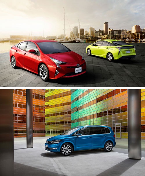 トヨタ自動車が2015年12月から発売した新型「プリウス」（上）と、フォルクスワーゲン（VW）が2016年から国内で発売を予定する新型「トゥーラン」（下）　〔写真提供：トヨタ自動車（上）、フォルクスワーゲン（下）〕