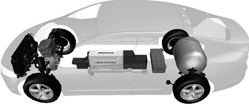 先代の「FCXクラリティ」のレイアウト。車体中央のセンタートンネル内に燃料電池を搭載していた