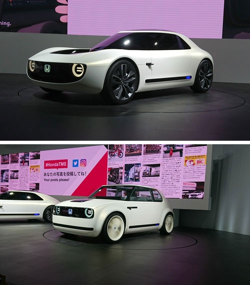 ホンダが第45回東京モーターショーで公開したEVのコンセプトカー「スポーツEVコンセプト」（上）と、フランクフルト・モーターショーに続いて公開した「アーバンEVコンセプト」（下）