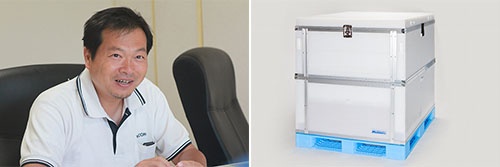ワコンでは右のような保冷箱を販売するが、西田社長(左)は「箱を売れ」とは言わない