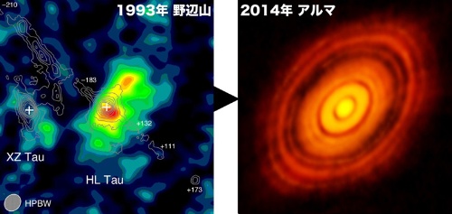 1993年、林正彦さんが発表した電波望遠鏡で観測したおうし座「HL星」。「アルマ」は1993年に比べてその中心部を140倍の解像度で鮮明にとらえた。画像・国立天文台、ALMA (ESO/NAOJ/NRAO)