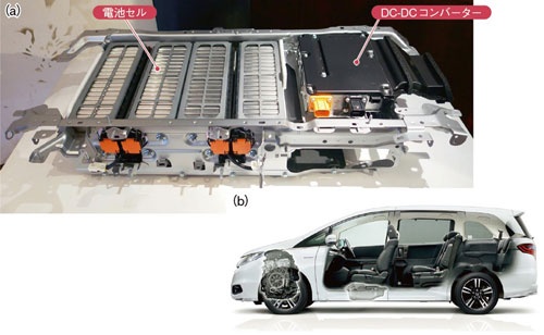 リチウムイオン電池セルはパナソニック製に変更。(a)電池容量は従来と同じ1.4kWh。72セルを搭載する。電池セル群のそばに12Vに降圧するケーヒン製のDC-DCコンバーターを置く。(b)1列目座席の下側に電池パックを設置する。