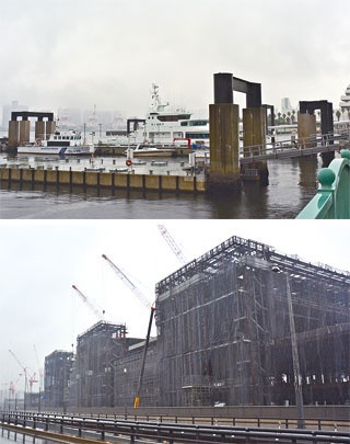 <b>船の科学館に近い場所では豪華客船が停泊できる埠頭が整備される（上が予定地）。下は建設中の豊洲新市場</b>