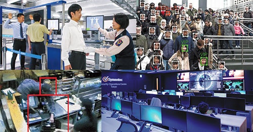欧州製ボディースキャナー（左上）、ロシア製の自動監視システム（左下）、米国企業によるセキュリティー調査（右下）など海外勢の活躍が目立つ。世界で存在感を示す日本企業は、顔認証技術（右上）を持つNECくらいだ（写真＝左上：陶山 勉）