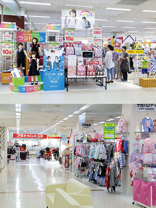 <b>週1回の会議で売り場を見直し、季節の売れ筋を通路沿いに配置（上）。直営の子供服売り場の横にベビー用品のテナントを入れて相乗効果を狙う（下）</b>（写真＝菅 敏一）