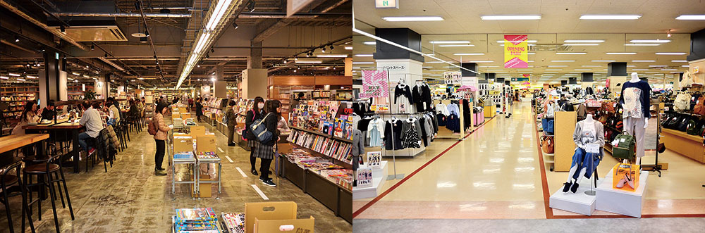 アピタ新守山店の「草叢ブックス」は客でにぎわうが（写真左）、同じ階の衣料品売り場には閑古鳥が鳴く（写真＝藤村 広平）
