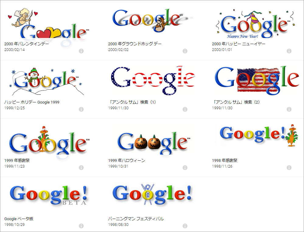 ベータ版時代からのグーグルのロゴマークがアーカイブされているページ「<a href="https://www.google.com/doodles/" target="_blank">Doodle（ドゥードゥル）</a>」。